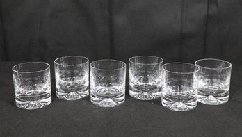 Set Of 6 Clear Glass Whiskey / Old Fashioned Tumblers With Heavy Decorative Bases – 4" Tall – One Chipped