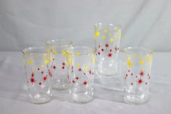 Group Lot Of 5 VTG MCM Yellow Red White Atomic Starburst Anchor Hocking Glass Tumblers