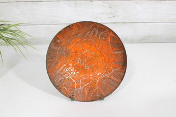 Vintage Mid-Century Modern Orange & Gold Enamel On Copper Dish  6.5' Abstract Design