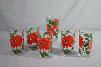 Group Lot Of 6 Vintage Hazel Atlas Red Poinsettia Print Glass Tumblers