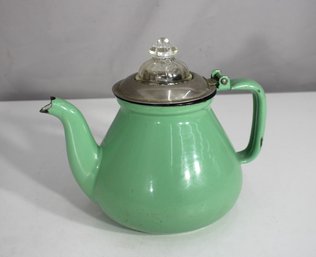 Vintage Green Enamel Coffee Pot With Fire-King Glass Knob Lid  8'H  Mid-Century Charm