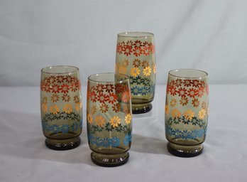 Group Lot Of 4 Vintage Multi-Floral Amber Glass Tumblers