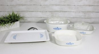 Vintage Corning Ware Cornflower Blue Lot  4 Pc Set W/ Electric Warming Tray & Lidded Dishes