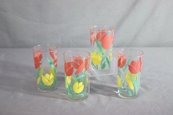 Set Of 4 MCM Vintage Red/Yellow Tulip Juice Glasses