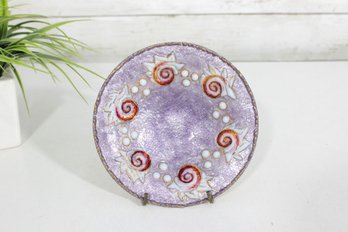 Vintage 6' Enamel On Copper Plate  Purple Iridescent Floral Scroll Design