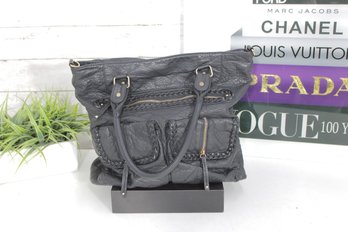 Under One Sky Black Faux Leather Tote Bag  Multi Pocket  Braided Trim  Large Shoulder Handbag