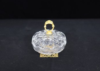 Vintage Cut Crystal Trinket Box W/ Ornate Gold Metal Base & Finial  3.5H