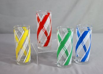 Group Lot Of 4 Vintage Polychrome Candy Stripe Highball Glasses