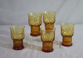 Group Lot Of 5 Vintage Libbey Amber Glass Country Garden Daisy Juice Glasses