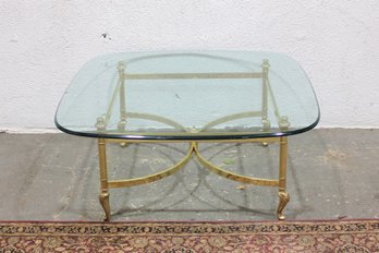 Hollywood Regency Brass & Glass Coffee Table  Square Glass Top