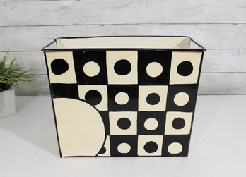 Vintage Metal Tin Storage Bin  Black & White Geometric Dot Design  13' Wide Retro Decor