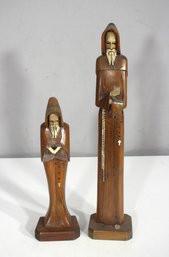 Vintage Carved Wooden Monk Figurines  12 & 17  Intricate Handcrafted Details