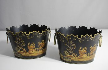 Pair Of Hand-Painted Black & Gold Scalloped Buckets With Chinoiserie Design