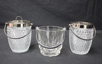 Set Of Three Vintage Glass Ice Buckets With Metal Handles And Tongs