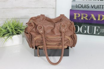 Under One Sky Brown Pebbled Leather Shoulder Bag W/ Braided Detail & Multi-Zip Pockets