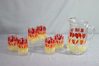 Vintage Ombre Red/Orange/Yellow Gradient Tulip Pitcher (1) & Glasses (6) Set