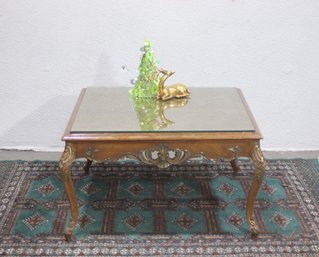 Vintage Glass-Top Coffee Table With Ornate Wood Carvings