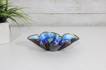 Vintage Signed Enamel On Copper Dish  Iridescent Blue Floral Form Bowl 7 X 6 (Chip)