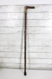 Vintage Carved Wood Walking Stick Cane  Decorative Handle & Brass Collar  34'