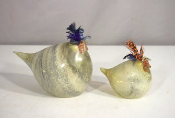 Set Of Rene Burri Mundgeblasen Blown Glass Chickens With Hats & Feathers