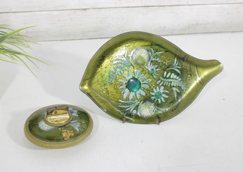 Mid-Century Sascha Brastoff Enamel On Copper Leaf Dish & Matching Lighter  Signed Floral Set