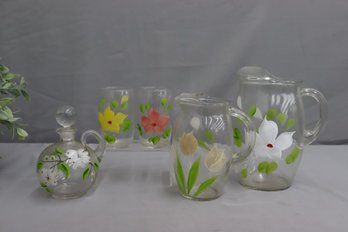 Hand Painted Magnolias Juice Pitcher And Two Juice Glass, And Lidded Jar