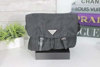 Black Nylon Messenger Crossbody Bag W/ Flap Closure & Adjustable Strap  Classic Designer Style