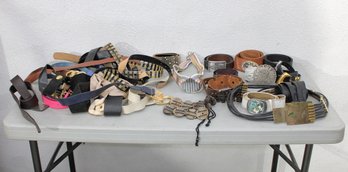 #302-Group Lot Of Vintage & Western Style Belts  Tooled Leather, Ornate Buckles & Statement Pieces