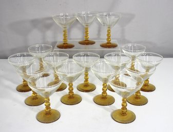 Set Of 15 Vintage 4.5 Cocktail Glasses  Amber Bubble Stem Martini Coupes  Mid-Century Barware
