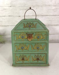 Vintage Hand-Painted Wooden Jewelry Chest  Green & Gold Floral Design, 13' X 8' X 7'
