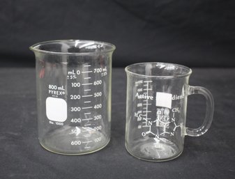 Lot Of 2 Glass Beakers  800mL Pyrex Lab Beaker & Chemistry Mug With Handle
