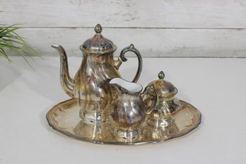 Vintage Tea Set - Silver Plated Tray W/ Porcelain Teapot, Creamer & Sugar Bowl  11' X 8' Tray