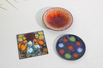 Vintage Enamel On Copper Dish Lot (3)  Mid-Century Modern Abstract & Polka Dot Designs