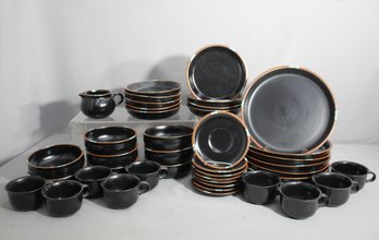 Vintage Dansk Mesa  Dinner Set - Black With Colorful Trim-Made In Portugal-(about 43pcs)