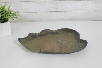 Vintage Leaf Form Tray Dish  Rustic Green & Brown Finish  12.5' X 10' Decorative Serving Piece