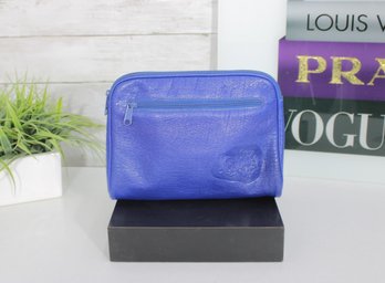 Carlos Falchi Blue Leather Cosmetic Clutch Pouch W/ Zip Closure  Designer Travel Makeup Bag