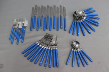 45pcs  Crown Corning Stainless Korea W/ Blue Plastic Handle Flatware