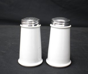 Pair Of 5.5' Vintage White Ceramic Salt & Pepper Shakers With Metal Tops