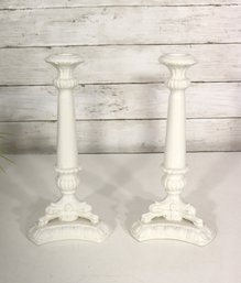 Pair Of Vintage Italian White Ceramic Candlesticks  Ornate Design, 11' Tall