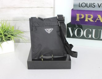Black Nylon Crossbody Bag W/ Triangle Logo  Slim Lightweight Designer Shoulder Bag-(Prada?)