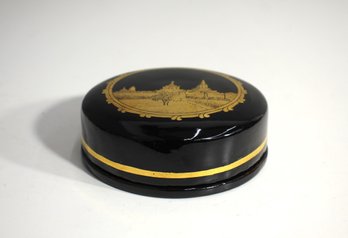 4.5' Round Black Lacquered Trinket Box With Gold Scenic Design  Includes Matching Coasters