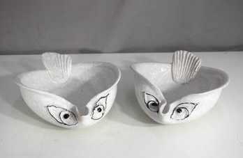 Pair Of Ed Langbein Fish Pottery Dishes  Italy  12' X 8'  Handpainted Sculptural Bowls  One With Small Chi