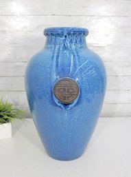 Large Blue Glazed Ceramic Floor Vase W/ Medallion Detail  Asian Style Art Pottery  21'H