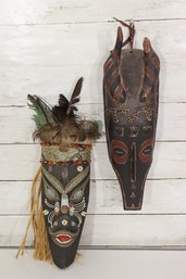 Pair Of Hand-Carved Tribal Wooden Masks  Feather & Painted Detail  16'H And 12'H