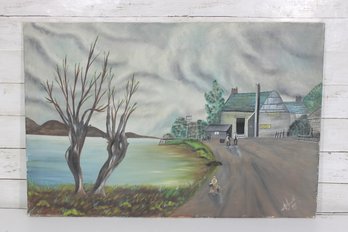 Signed Landscape Painting On Canvas  Lakeside Farm Scene W/ Figures  Vintage Art  20H X 30W
