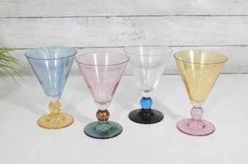 Set Of 4 Vintage Ball Stem Wine Glasses  Multicolor Pastel Glassware  6' Tall