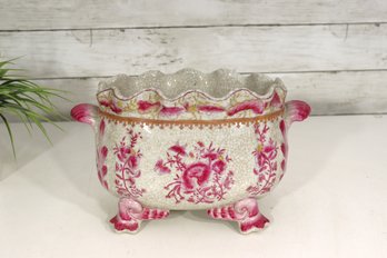 Vintage Fitz And Floyd Pink Floral Ceramic Planter  Crackle Glaze Footed Bowl 6'H X 10'W