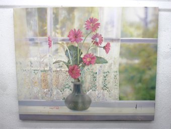 Large 44 X 54 Signed Floral Print On Canvas  Joe Santis  Vintage Window Scene