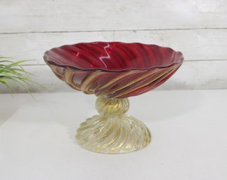 Vintage Murano Red & Gold Art Glass Pedestal Bowl  Swirl Centerpiece 9.5 X 6.5