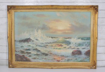 Large Signed Seascape Oil Painting In Ornate Gold Frame  Crashing Waves Coastal Scene  29.5H X 41.5W